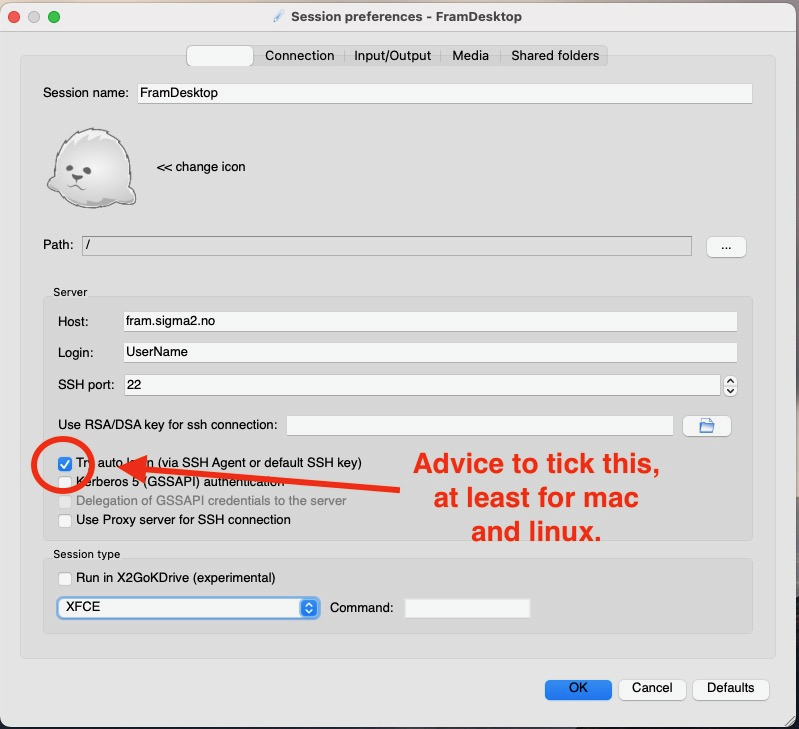 X2Go client session setup window emphasizing Auto SSH log in
